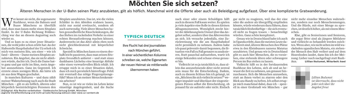 Das kenne ich nur zu gut – sozusagen von der anderen Seite aus gesehen: Man ist über 60, es geht einem gut, man geht sogar Berge rauf – und in der Tram wird einem der Platz angeboten. 🙃
<a href="/IkulumetLillian/">Lillian.ikulumet</a>'s Kolumne in der SZ.
