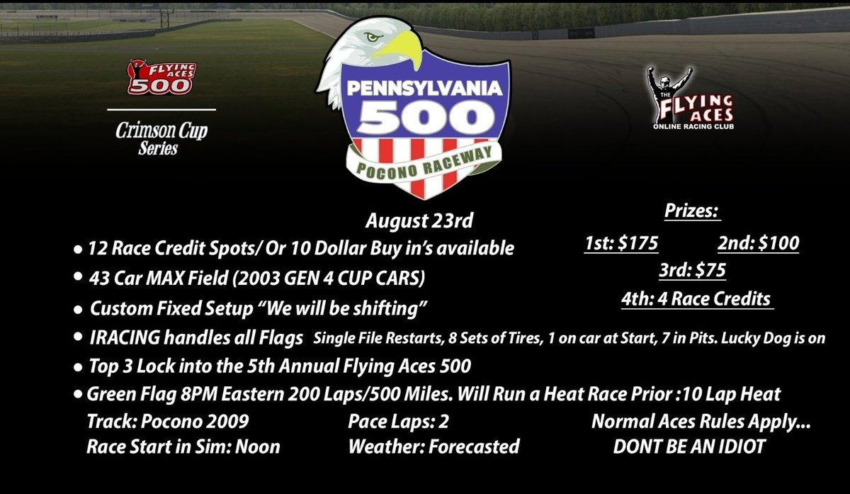 We have updated information on <a href="/Ole4Name/">Warren Kyle Keith</a>'s Pennsylvania 500!

August 23
<a href="/NASCAR/">NASCAR</a> Gen 4
<a href="/PoconoRaceway/">Pocono Raceway</a> (2009)
500 Miles
#Aces500