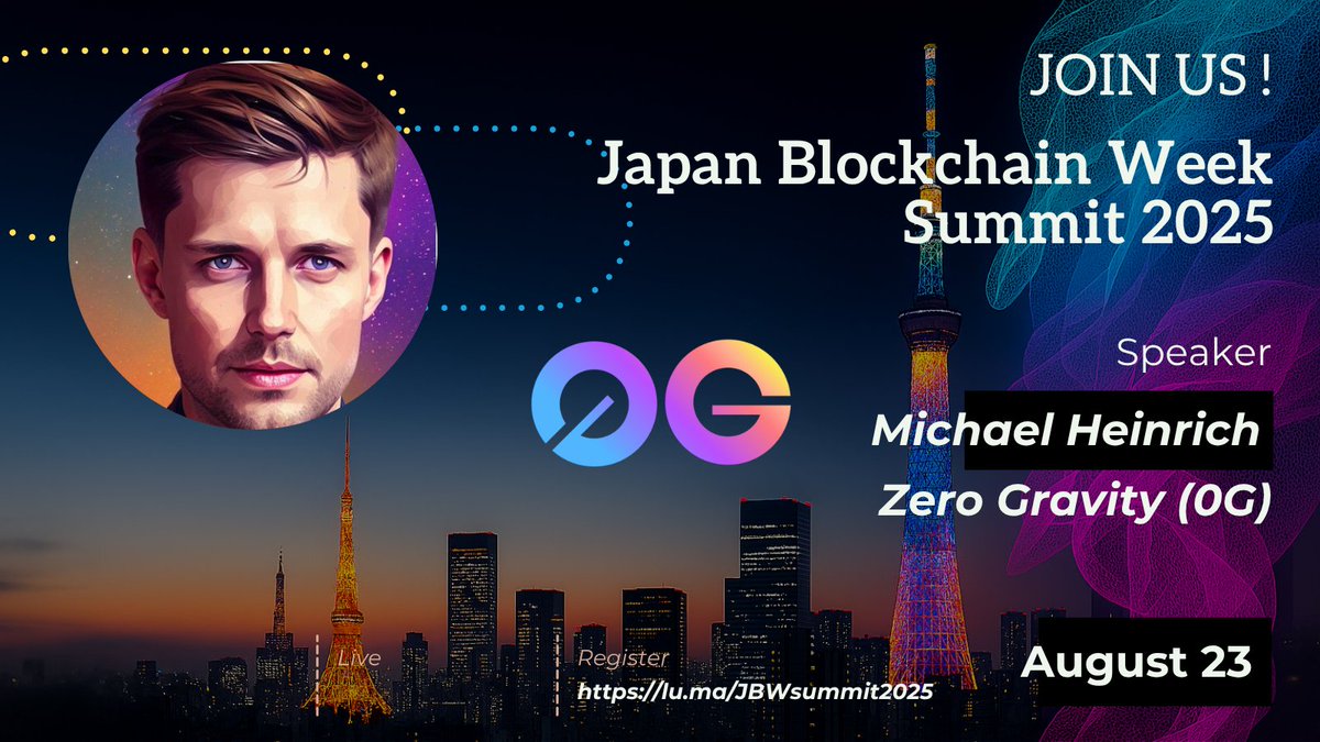 0G Labs (Ø,G) - AI L1 (@0g_labs) on Twitter photo こんにちは日本 🇯🇵!
<a href="/michaelh_0g/">Michael Heinrich (Ø,G)</a>, CEO of 0G Labs, is bringing the future of Decentralized AI to the Japan Blockchain Week Summit (@JBCWeek2025) on August 23!
Join us, let's defy gravity in Japan. こんにちは日本 🇯🇵!
<a href="/michaelh_0g/">Michael Heinrich (Ø,G)</a>, CEO of 0G Labs, is bringing the future of Decentralized AI to the Japan Blockchain Week Summit (@JBCWeek2025) on August 23!
Join us, let's defy gravity in Japan.