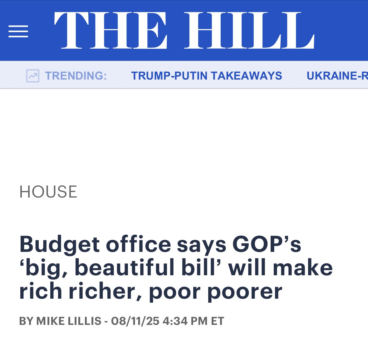 Headline speaks for itself: Donald Trump's and Washington Republicans' new budget “will make rich richer, poor poorer” 
thehill.com/homenews/house…