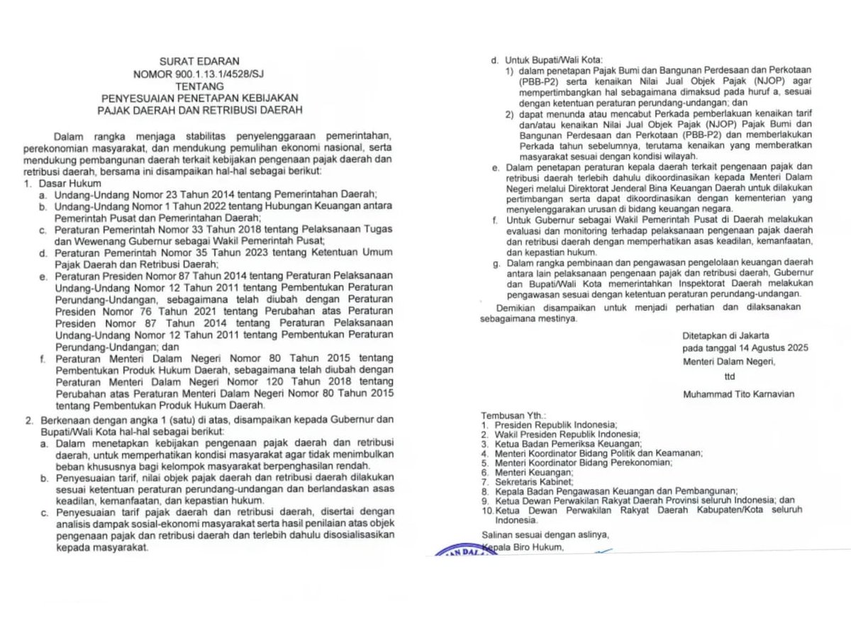 danielgintingm's tweet photo. Menteri Dalam Negeri RI mengeluarkan Surat Edaran, salah satu point, meminta agar kepala daerah dapat menunda atau mencabut Peraturan Kepala Daerah (Perkada)  pemberlakuan kenaikan tarif dan/atau kenaikan Nilai Jual Objek Pajak (NJOP) PBB 
Terima kasih warga Pati🙏👍 https://t.co/mKLgMhrGWm