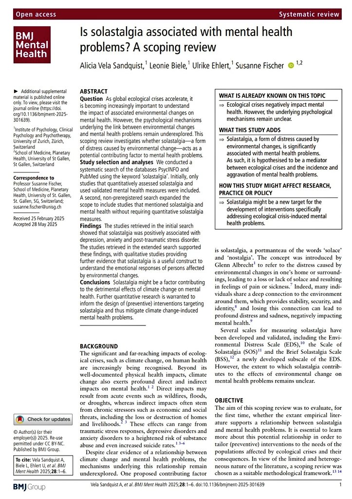 📣 New Research 👇🏼 
Is solastalgia; the distress from environmental change, linked to mental health problems?

This scoping review finds associations with depression, anxiety &amp; PTSD, urging more research on climate-related emotional distress.

#ClimateMentalHealth #Solastalgia