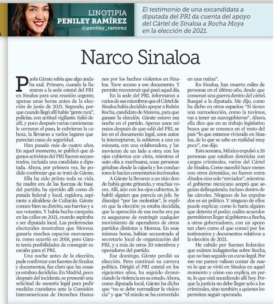 ¡ Brutal !

Aquí está la realidad de lo que sucede en Sinaloa.

Y no solo en Sinaloa, es en TODO México.

Y López Obrador lo sabía... y lo permitió.

¿Así o más claro que Rubén Rocha Moya es un NARCOGOBERNADOR?

Todo mi apoyo y respeto a <a href="/PaolaGarateV/">Paola Gárate</a> 

Lean la columna de Peniley