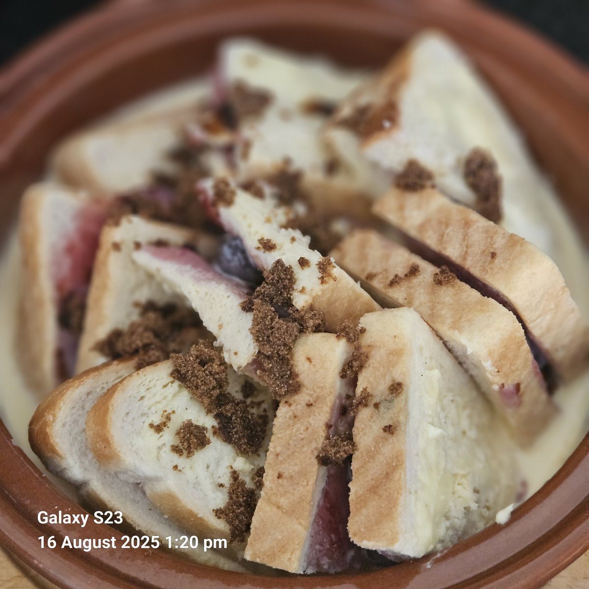 Again. Using up the store cupboard and fridge goods before getting the messages in next week. I was going to use some scones I made earlier last week that are in the freezer but with only 4 slices of bread left I threw some tinned cherry pie filling on them instead.