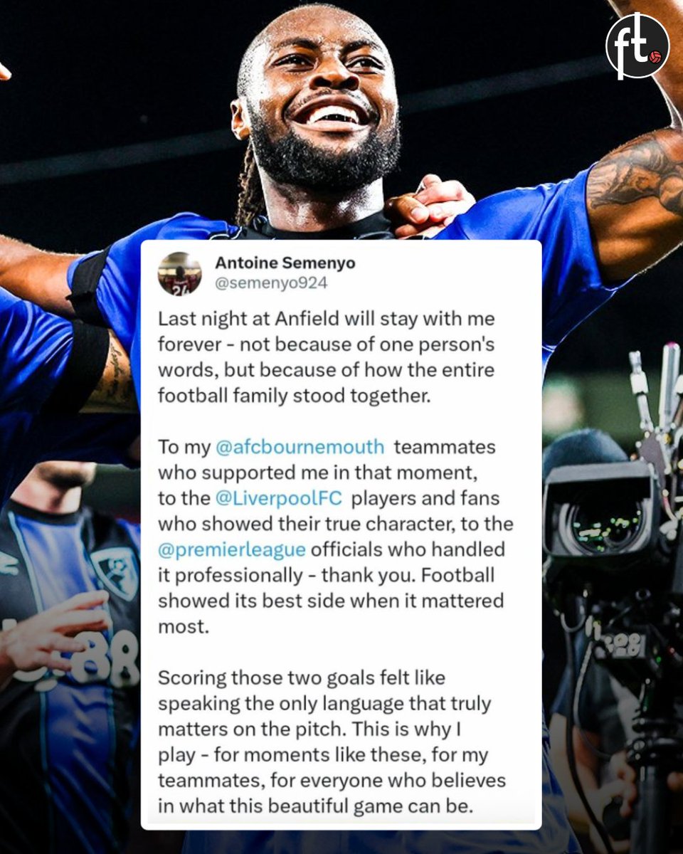 Antoine Semenyo's statement after he was racially abused by a Liverpool fan at Anfield last night.

What a classy response to a disgusting incident. ❤️ 

We're all backing you, Antoine. ❤️