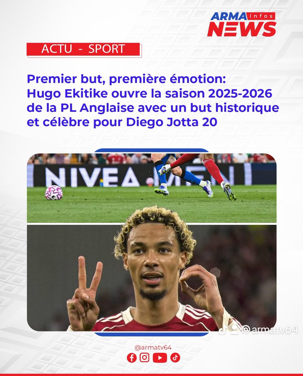 armatelevision's tweet photo. ⚽️ Premier but, première émotion : Hugo Ekitike lance la Premier League 2025-26 et célèbre pour Diogo Jota ❤️2️⃣0️⃣

#PremierLeague #Liverpool #DiogoJota https://t.co/AKWRqVK5SO