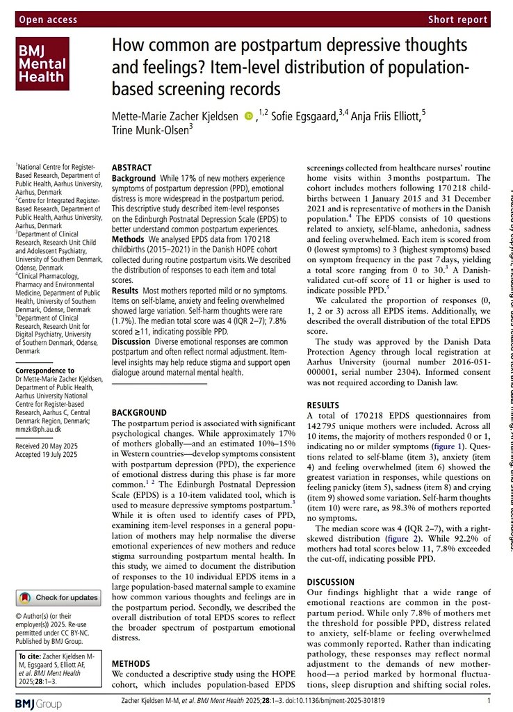 New research 📣 <a href="/BMJMentalHealth/">BMJ Mental Health</a> 👇🏼
How common are postpartum depressive thoughts &amp; feelings?
Analysis of 170K+ births shows most new mothers report mild/no symptoms, but anxiety, self-blame &amp; feeling overwhelmed vary widely. Self-harm thoughts are rare (1.7%).
Insight to reduce