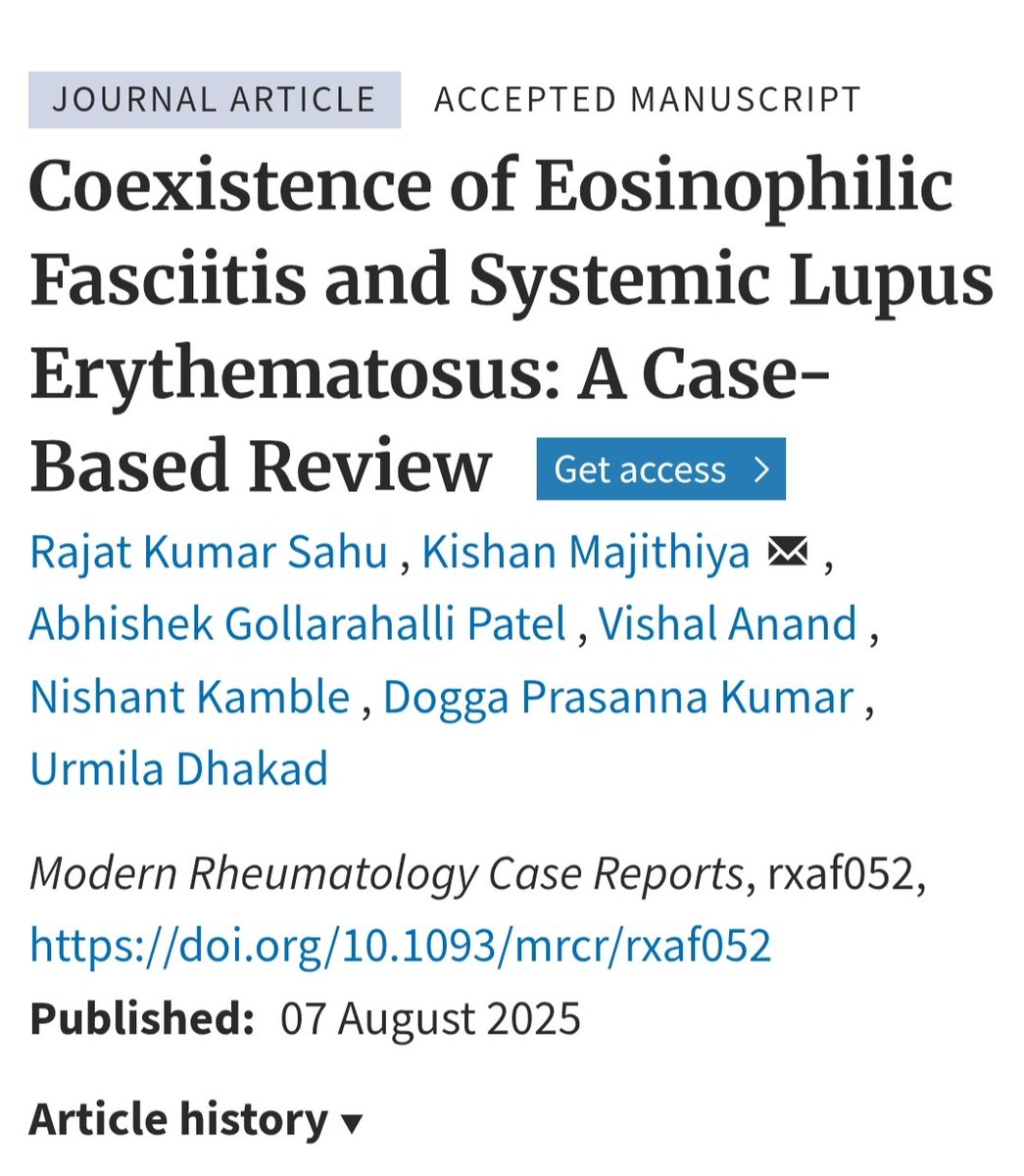 🎉 Congratulations to Dr. Rajat Sahu , <a href="/KishanMajithiy5/">Kishan Majithiya</a>, and co-authors on their insightful case-based review published in Modern Rheumatology on the rare coexistence of lupus with eosinophilic fasciitis! A valuable addition to the literature. 👏🧠📚 #Rheumatology #Lupus