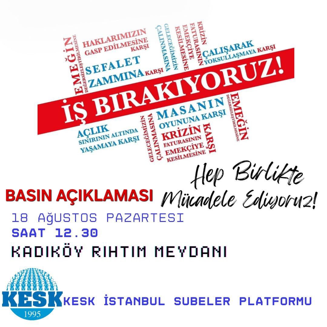 Değerli Mücadele Arkadaşlarımız

❗Grevli Sendika Hakkı
❗Gerçek Toplu Sözleşme
❗Demokratik Çalışma Yaşamı
❗Kadrolu Güvenceli Personel İstihdamı
❗Yoksulluk Sınırı Üzerinde Temel Ücret
❗Vergide Adalet
❗İnsanca Bir Yaşam