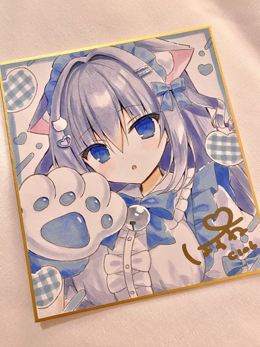 C106「トレーディングミニ色紙」当たりの直筆ミニ色紙です!メイド猫ちゃん🩵 