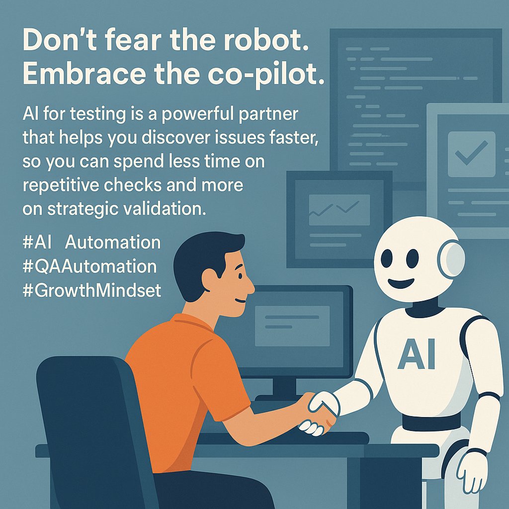 InnernetWorld's tweet image. Don&apos;t fear the robot. Embrace the co-pilot. AI for testing is a powerful partner that helps you discover issues faster, so you can spend less time on repetitive checks and more on strategic validation. #AI #Automation #QAAutomation #GrowthMindset