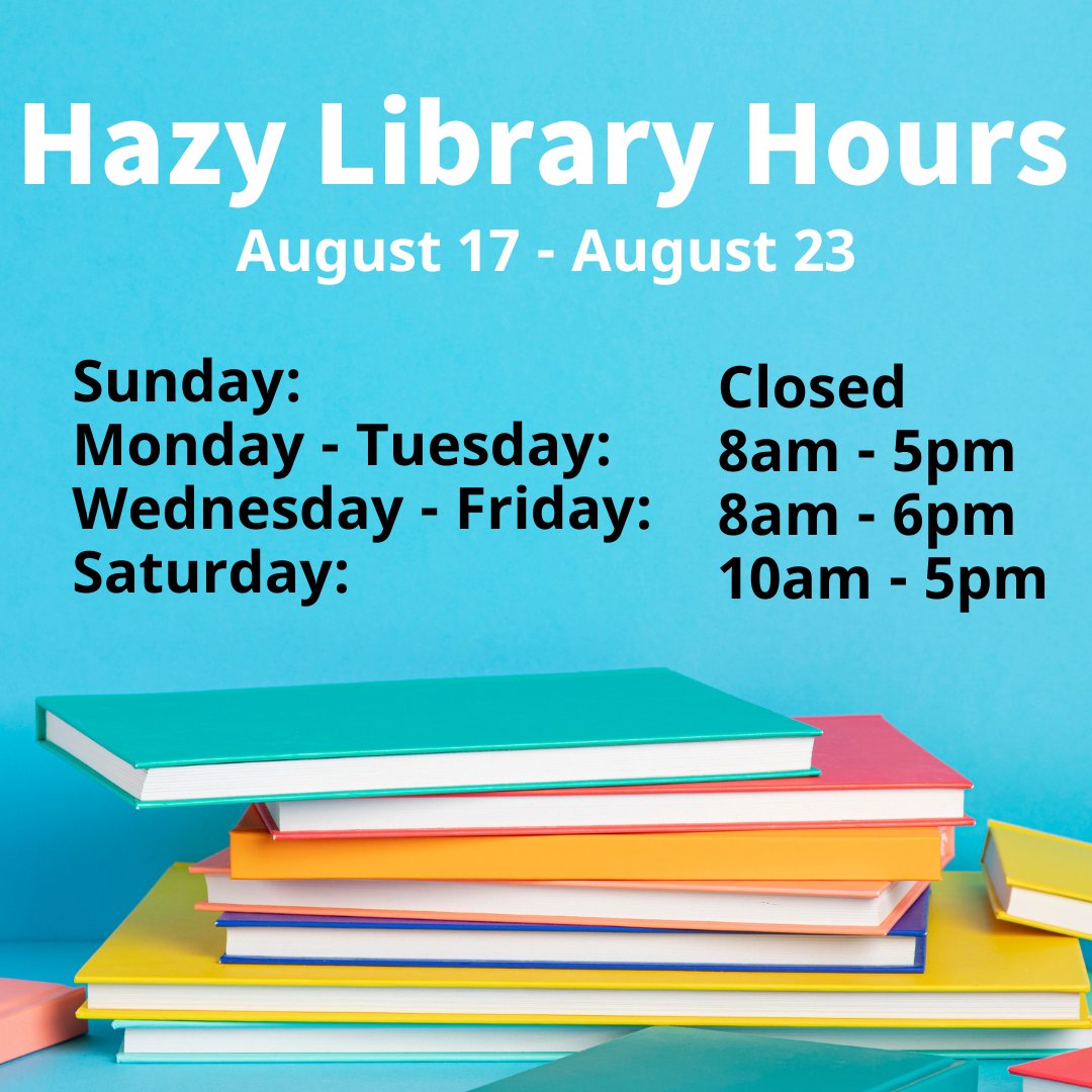 hazylibrary's tweet image. 📅Here are your Hazy Library Hours from August 17 - August 23. Hope to see you here! #HazyLibrary