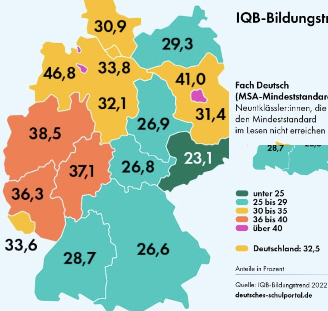 Neuntklässler, die in Deutschland den Mindeststandard im Lesen nicht erreichen (2022). Was fällt euch auf?