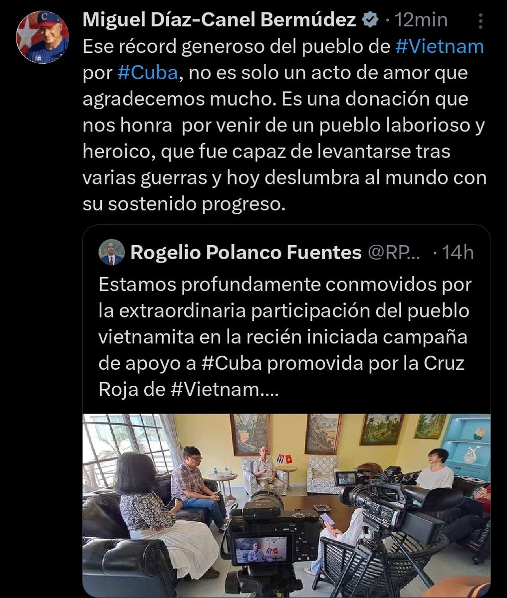 .<a href="/DiazCanelB/">Miguel Díaz-Canel Bermúdez</a> | That generous record of the people of #Vietnam 🇻🇳 for #Cuba 🇨🇺 is not only an act of love that we are very grateful for. It is a donation that honors us for coming from a laborious and heroic people (...)