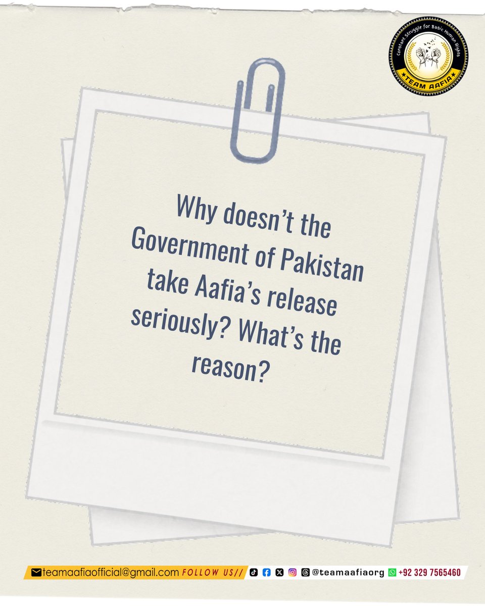 Team Aafia official (@teamaafiaorg_) on Twitter photo Why doesn’t the Government of Pakistan take Aafia’s release seriously? What’s the reason?
#SaveAafiaNow
Team Aafia Official
<a href="/TeamAafiaOrg_/">Team Aafia official</a>
#AafiaSiddiqui #FreeAafia
FMC Carswell Why doesn’t the Government of Pakistan take Aafia’s release seriously? What’s the reason?
#SaveAafiaNow
Team Aafia Official
<a href="/TeamAafiaOrg_/">Team Aafia official</a>
#AafiaSiddiqui #FreeAafia
FMC Carswell
