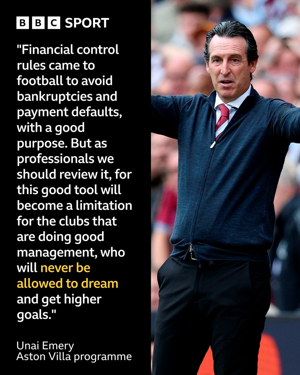 "[Clubs] who will never be allowed to dream" 💭

Unai Emery has complained about the Premier League's profit and sustainability rules in his programme notes.