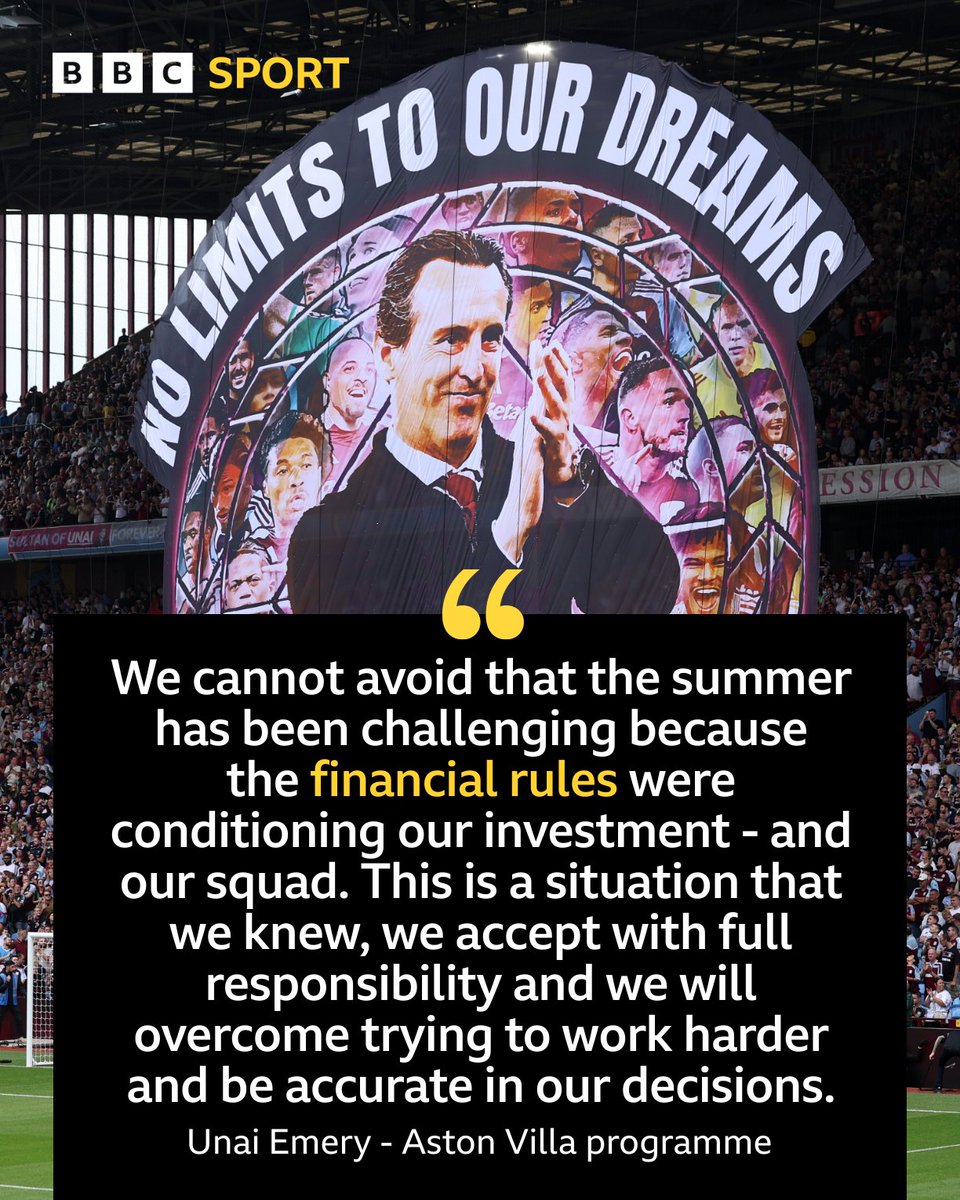 BBCMOTD's tweet image. "[Clubs] who will never be allowed to dream" 💭

Unai Emery has complained about the Premier League's profit and sustainability rules in his programme notes.