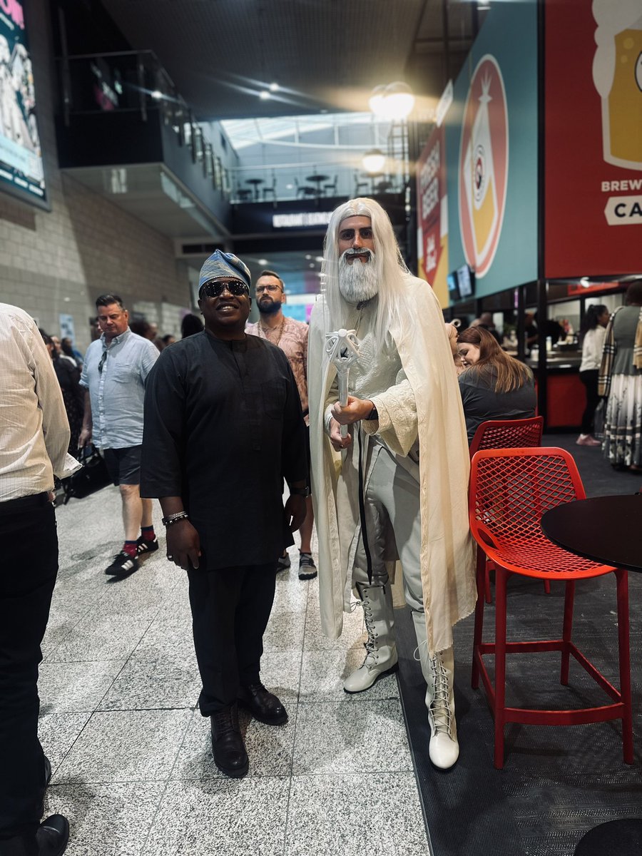 UncleChike_'s tweet photo. We stopped at Excel London to see Gandalf and his crew. I disguised as a Yoruba Angel https://t.co/cxWhrqsCSb