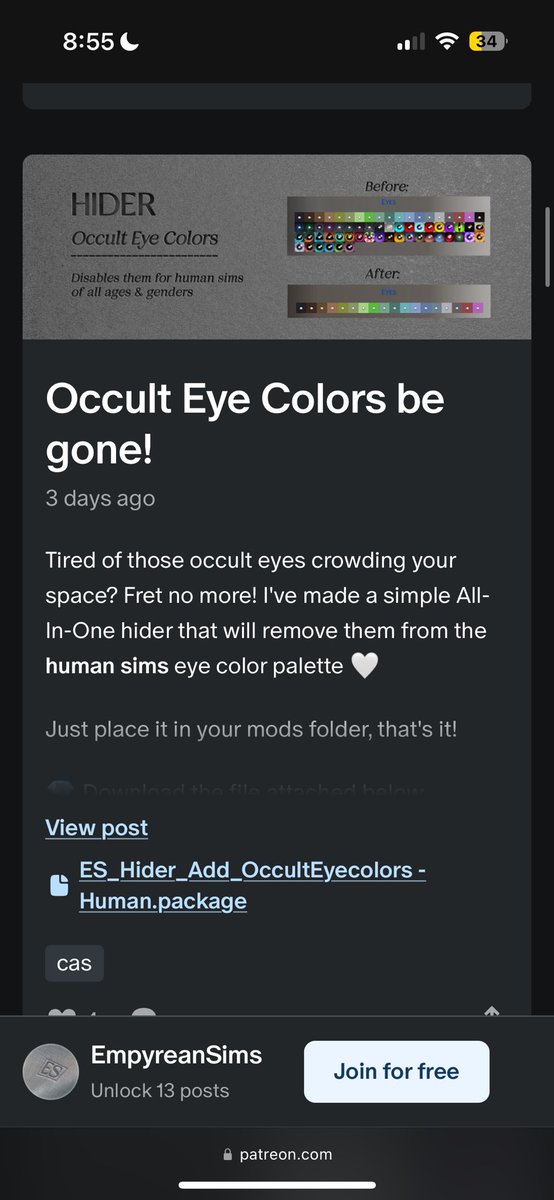 pixelatedniy's tweet image. patreon.com/EmpyreanSims for my simmers that are trying to remove those occult eye swatches from appearing !