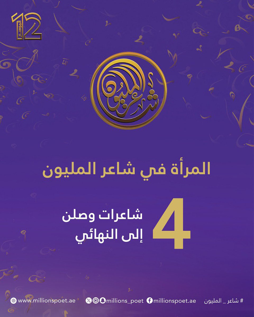 24 شاعرة شاركن في البرنامج، ووصلت 4 منهن إلى المراحل النهائية، شاعرتان من السعودية وشاعرتان من الإمارات. 
#قصيدنا_واحد #شاعر_المليون_12 #شاعر_المليون #صح_لسانك #درب_البيرق #رحلة_الشعر