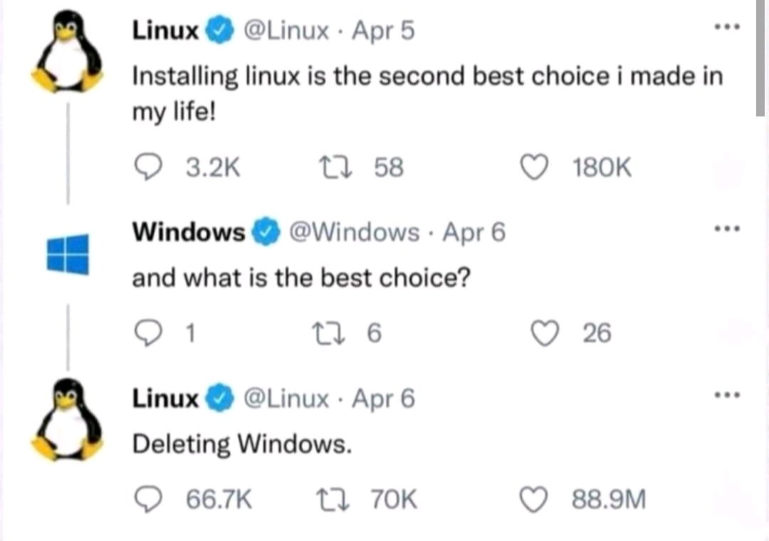 vishalshahh's tweet photo. Windows asked for my best decision... Linux gave them the uninstall button.🐧💻😂
- are you windows users or Linux??
#TechHumor #LinuxVsWindows #Developerslife https://t.co/wdIFkSM1sb