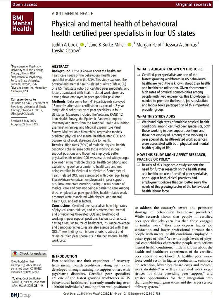 New study in <a href="/BMJMentalHealth/">BMJ Mental Health</a> reveals high rates of physical &amp; mental health challenges among certified behavioral health peer specialists across 4 US states. Access to care, insurance &amp; demographics impact their quality of life &amp; work attendance.
<a href="/nasmhpd/">NASMHPD</a> <a href="/samhsagov/">SAMHSA</a>