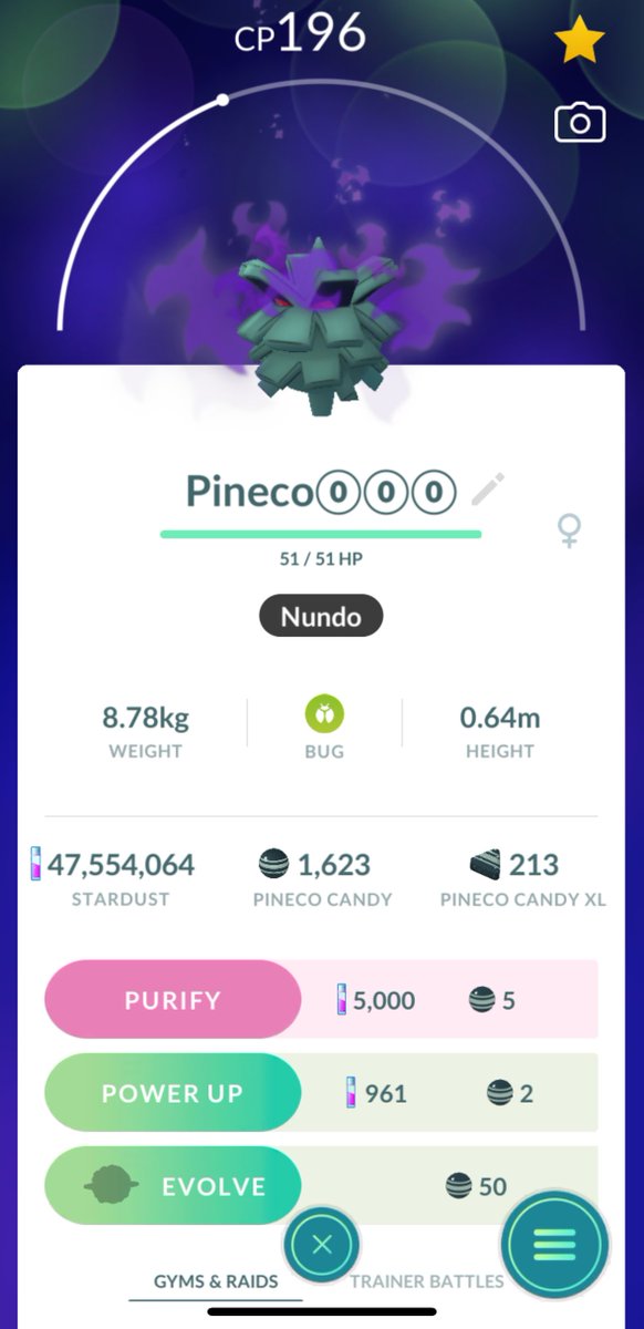 dj_higuma's tweet image. I caught a ⓪⓪⓪ #nundo shadow #Pineco in #PokemonGo! Gotta catch 'em all!