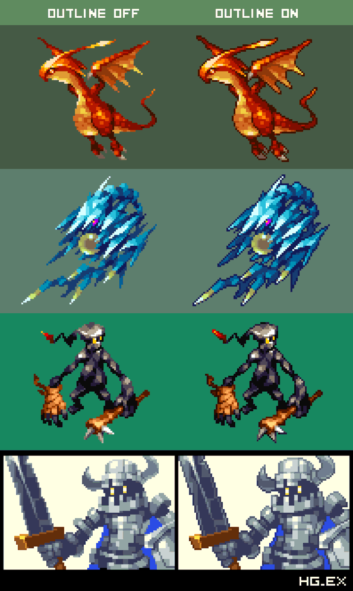 HG_EX's tweet image. 16×16ドットより大きいサイズのアウトライン有り無し比較画像になります。
アウトライン有り無しで見た目や作画コストなどがかなり変化しますので注意した方が良いと思います。
（サイズ、作風等も要素に含まれる場合があります）
#ドット絵 #pixelart #ピクセルアート