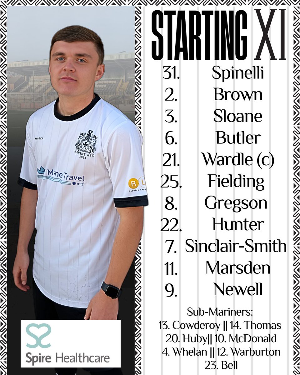 Your Mariners to take on Buxton this afternoon! 👊

Bobby Grant names 1️⃣ change from last week

🙌Marsden comes in for Warburton who drops to the bench 

Lineup sponsored by <a href="/spirehealthcare/">Spire Healthcare</a>