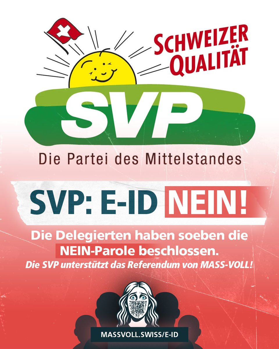 ❗️ EIL: Die Delegierten der SVP Schweiz unterstützen das Referendum von MASS-VOLL! und kämpfen gemeinsam gegen die #eID! 🤝🏻#abst25 #eIDNEIN

👉🏻 massvoll.swiss/e-id