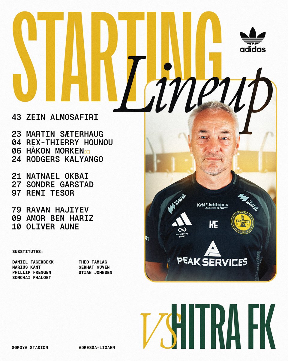 𝑺𝒕𝒂𝒓𝒕𝒊𝒏𝒈 𝑳𝒊𝒏𝒆𝒖𝒑

🏟️ Sørøya Stadion
📲 Direktesport &amp; Tv2 Play
💛 Vi spiller i gult «𝑬𝒍 𝒓𝒂𝒚𝒐»
💥 Garstad &amp; Johnsen tilbake! 
⌚️ Avspark 16:00

#trlynsr2025