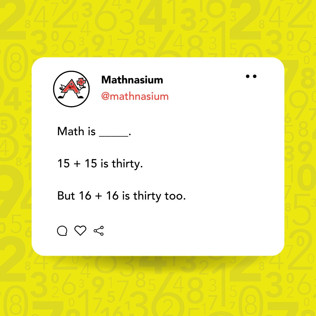 Mathnasium (@mathnasium) on Twitter photo Happy National Tell A Joke Day! ๐ Today weโre bringing you a little math humor to multiply your smiles. ๐
Reply with the word youโd use to fill in the blank! ๐ฌ๐
#Mathnasium #MathJokes #MathHumor #NationalTellAJokeDay Happy National Tell A Joke Day! ๐ Today weโre bringing you a little math humor to multiply your smiles. ๐
Reply with the word youโd use to fill in the blank! ๐ฌ๐
#Mathnasium #MathJokes #MathHumor #NationalTellAJokeDay