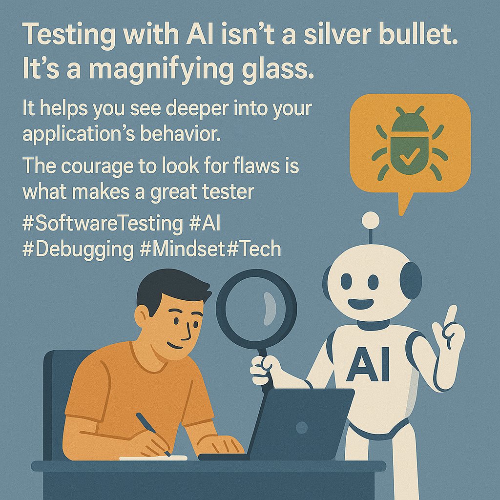 InnernetWorld's tweet image. Testing with AI isn&apos;t a silver bullet. It&apos;s a magnifying glass. It helps you see deeper into your application&apos;s behavior. The courage to look for flaws is what makes a great tester. #SoftwareTesting #AI #Debugging #Mindset #Tech