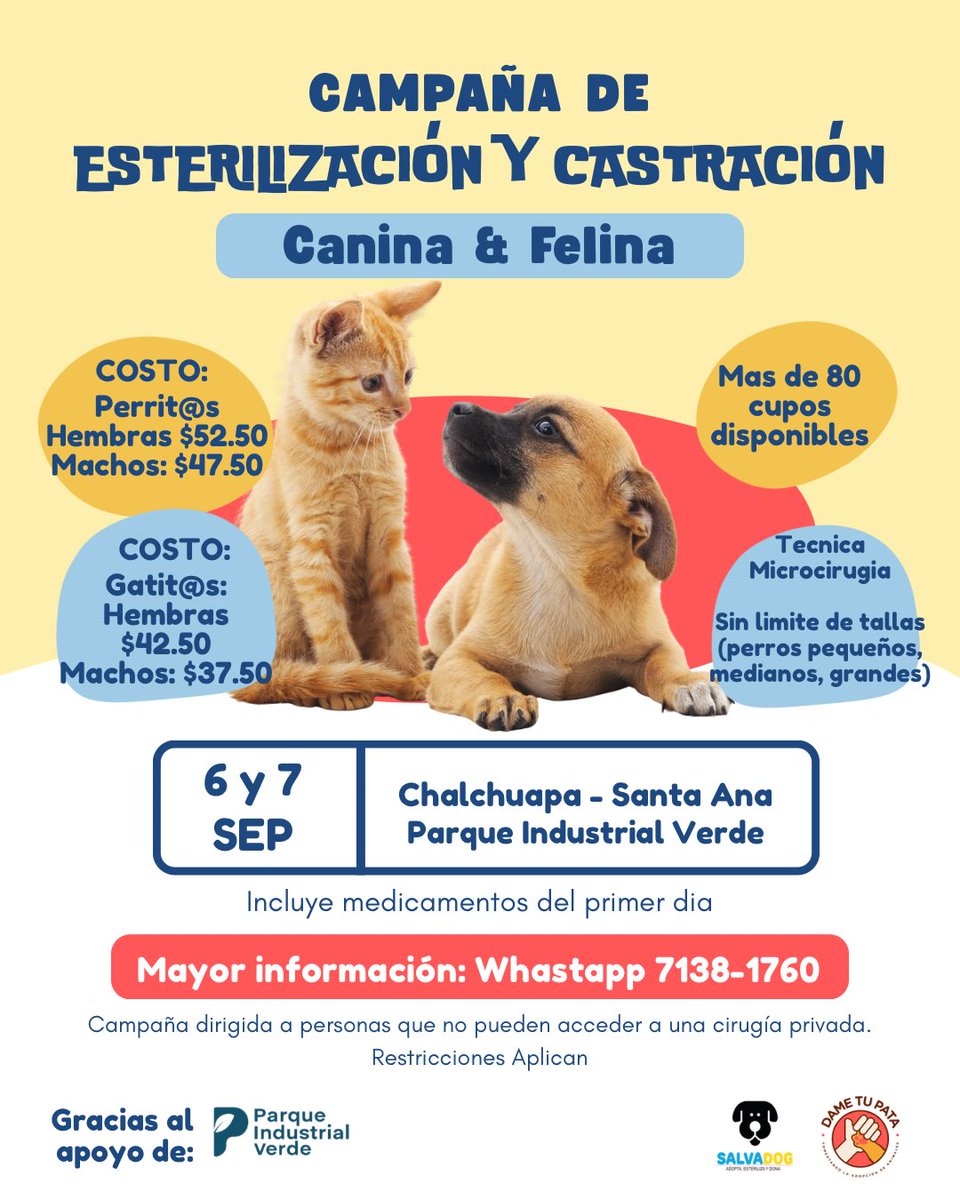 Occidente! Nos vemos el 6 y 7 de Sept 🐾

Campaña esterilización y castración! 🐶 Canina &amp; 🐱 Felina

📍 Chalchuapa y alrededores nos vemos este 6 y 7 de Septiembre.

✨ Incluye medicamentos del día primer día.
✨ Más de 80 cupos disponibles.
✨ Sin límite de talla 🐕🐈 (pequeños