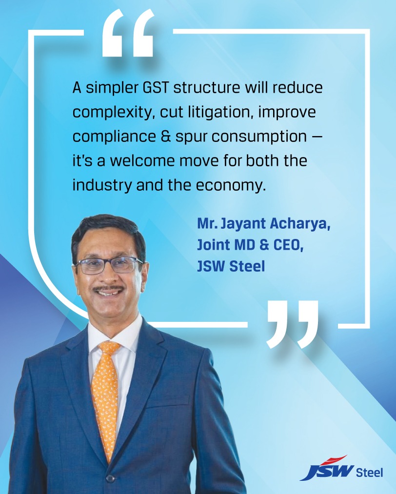 jswsteel's tweet photo. A simpler GST structure will reduce complexity, cut litigation, improve compliance & spur consumption — it’s a welcome move for both the industry and the economy.
@FollowCII @TheJSWGroup
@PMOIndia @nsitharaman @FinMinIndia
#CII4GSTReforms #GSTReforms #IndustryWelcomesGSTReforms