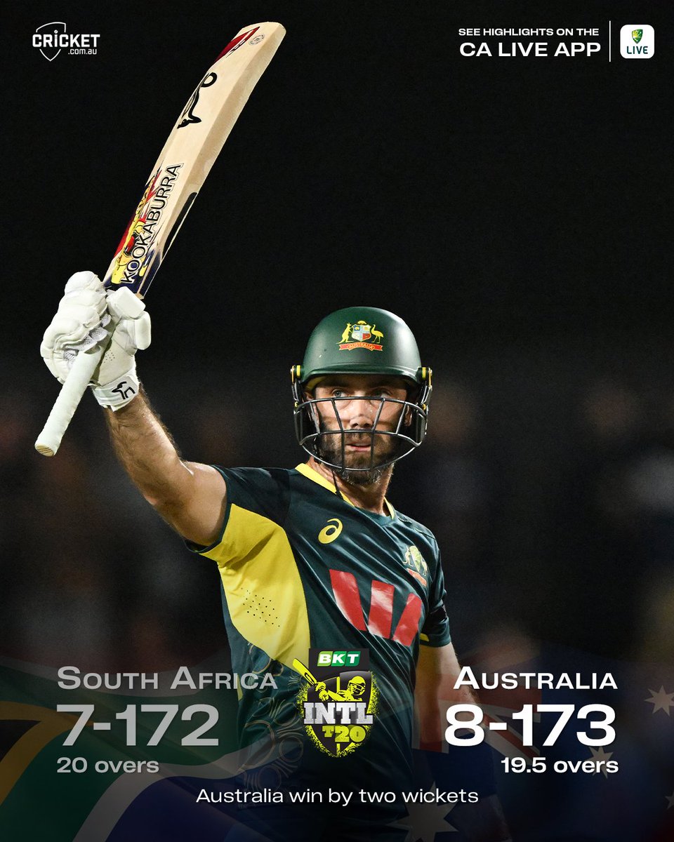 cricketcomau's tweet photo. Glenn Maxwell came up clutch to hit the match and series winning runs on the second-last ball.

Check out the #AUSvSA scorecard: https://t.co/OsL1q72Q11 https://t.co/k5GzLZW5uP