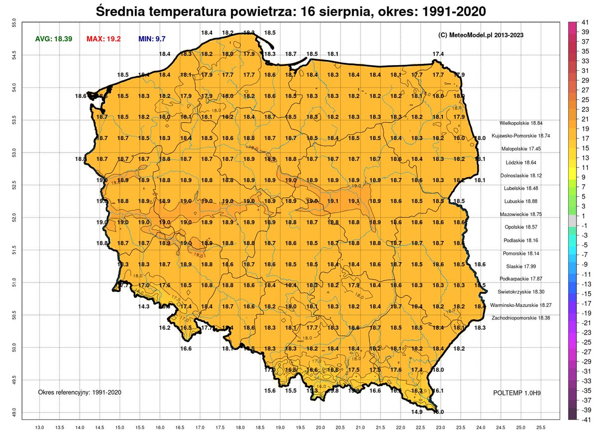 Średnia dobowa temperatura powietrza dla dnia 1️⃣6️⃣ sierpnia 
(okres ref.1991-2020) 
dane: #IMGW 
#Meteomodel