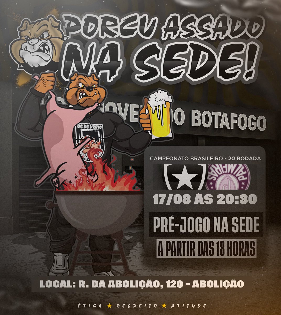 FuriaOficial01's tweet photo. 🔥 PRÉ-JOGO NA SEDE! 🔥

Domingo é dia de Botafogo x Palmeiras, e a concentração começa cedo!
A partir das 13:00, nossa sede na Rua da Abolição, 120 estará aberta.

Vai rolar aquele porco assado caprichado, bebidas geladas, venda de materiais oficiais da torcida. https://t.co/KqIrIpyaXM