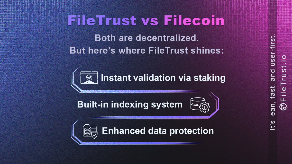 FileTrustio's tweet photo. “FileTrust vs Filecoin (Friendly 👀)”
Both are decentralized.
But here’s where FileTrust shines:
⚡️ Instant validation via staking
🔎 Built-in indexing system
🛡️ Enhanced data protection
It’s lean, fast, and user-first.
#ftu #filetrust #storage #filecoin #cryptoanalysis #web3 https://t.co/KxvCscaXhx