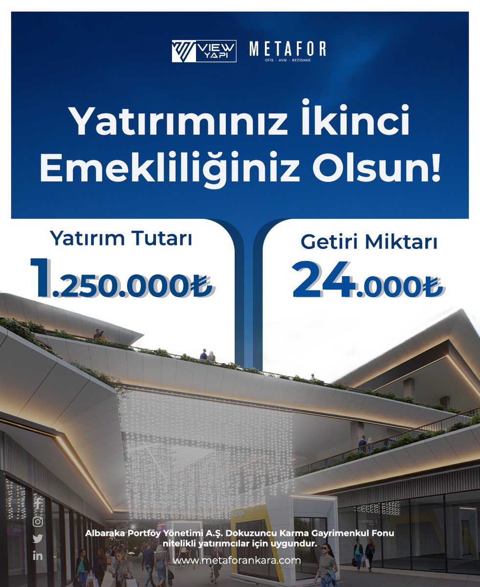 ViewYapi's tweet image. Geleceğinizi Güvence Altına Alın!
Metafor Ankara’da yatırım yaparak düzenli gelir elde edin, ikinci emekliliğinizi bugünden yaşamaya başlayın.