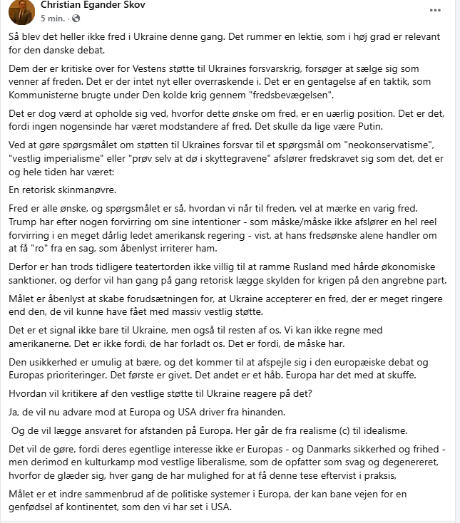 Nå da. Heller ikke fred i Ukraine denne gang. Det understreger pointen. Holdning til Vestens støtte til Ukraines forsvarskrig har intet at gøre med, om man går ind for fred eller krig. 

Det er putinistisk spin.