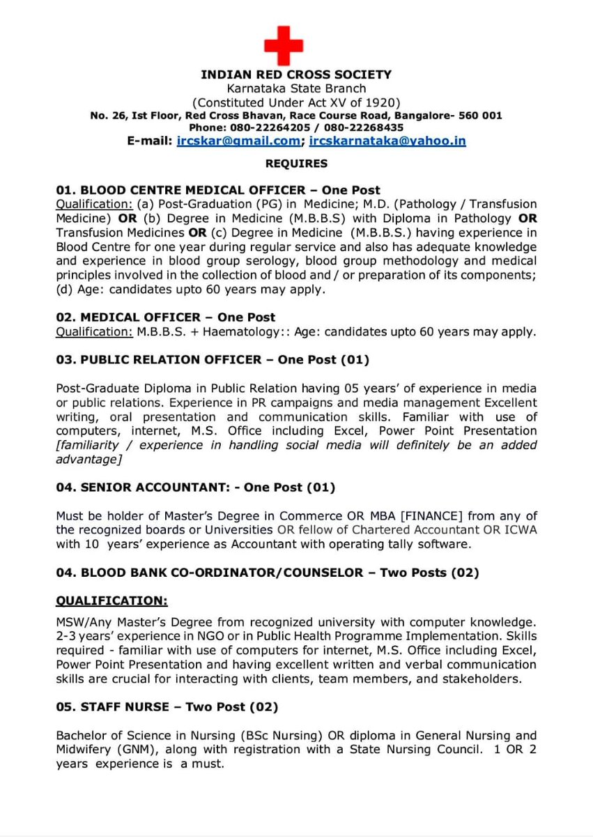 We Are Hiring
 Indian Red Cross Society, Karnataka , is expanding its team of dedicated professionals. We are looking for individuals who wish to combine their career with a mission of service, health, and humanitarian values. Serve Humanity • Build Your Career • Create Impact