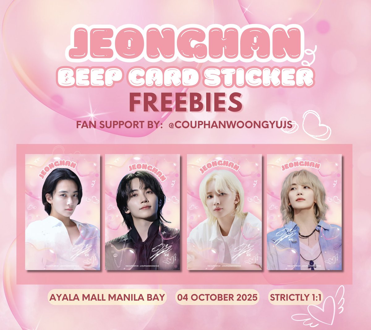kj¹⁷ ٩(ˊᗜˋ*)و ♡ (@couphanwoogyujs) on Twitter photo Eto na!!! ☺️🫶🏻
🎀 JEONGHAN BEEP CARD STICKER FREEBIES 🎀
Event by: <a href="/jeonghan_ph/">JEONGHAN PH</a> and <a href="/CaratLandPH/">Carat Land PH | Miniteen GA on 📌</a>
📍 Ayala Malls Manila Bay
📅 Oct 4, 2025
📌 Strictly 1:1
Don’t miss out on these adorable stickers! 💗
#JEONGHAN #세븐틴 #SEVENTEEN #JEONGHANDay Eto na!!! ☺️🫶🏻
🎀 JEONGHAN BEEP CARD STICKER FREEBIES 🎀
Event by: <a href="/jeonghan_ph/">JEONGHAN PH</a> and <a href="/CaratLandPH/">Carat Land PH | Miniteen GA on 📌</a>
📍 Ayala Malls Manila Bay
📅 Oct 4, 2025
📌 Strictly 1:1
Don’t miss out on these adorable stickers! 💗
#JEONGHAN #세븐틴 #SEVENTEEN #JEONGHANDay
