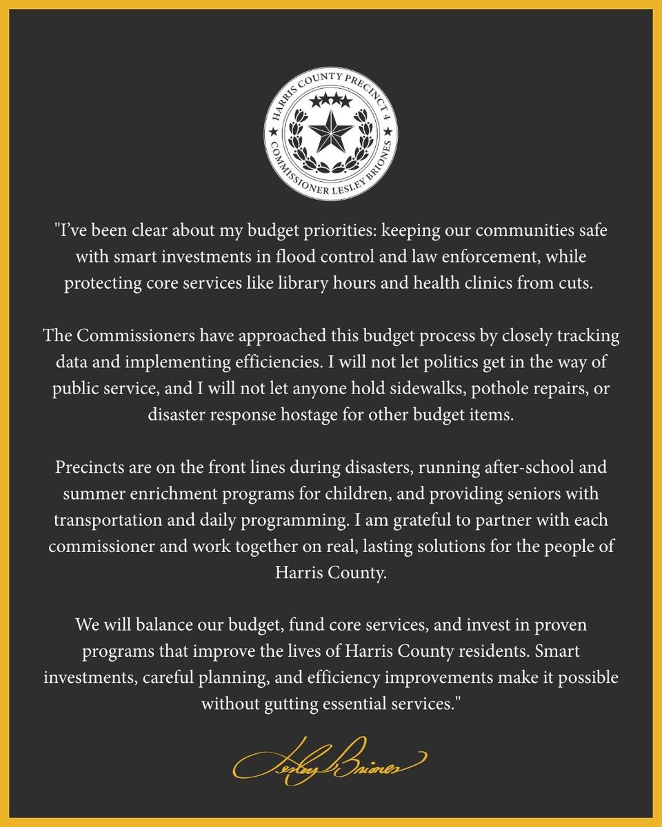 HCP4__Briones's tweet photo. I will not let politics get in the way of public service, and I will not let anyone hold sidewalks, pothole repairs, or disaster response hostage for other budget items.
👉 See my full statement on the Harris County budget. https://t.co/IWcGQBSiLn