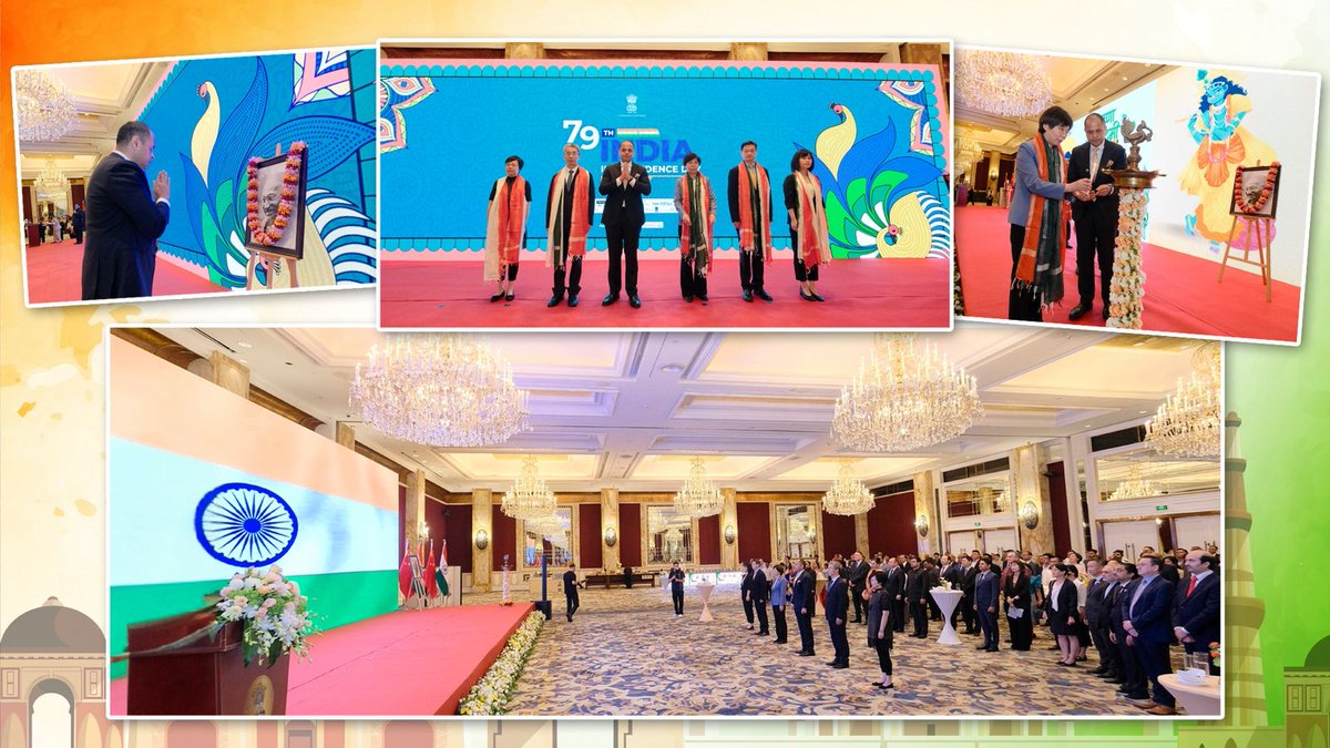 IndiaInShanghai's tweet photo. An evening of pride, unity & celebration! 🇮🇳

On the #79thIndependenceDay and the auspicious occasion of #ShriKrishnaJanmashtami, Shanghai’s diplomatic, business and Indian community gathered in full strength to honour our great Nation’s journey of #Aatmanirbharta towards a Viksit & Samriddha Bharat. 🌏🦚

Read the Press Release ➡️ https://t.co/MpNvPBCXRT

@MEAIndia @IndianDiplomacy @IndianDiplomats