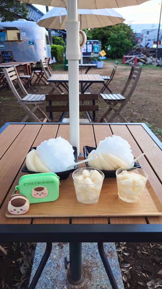 KMsempai's tweet photo. From Farm農園カフェ🍧
船橋市

梨かき氷　1000円

美味しい梨をそのまま冷やした様なかき氷🍐
屋外なら🐶ちゃんも大丈夫らしいです
次はカフェ利用もしてみたい✨️
#かき氷 https://t.co/KsHYd9QtOS