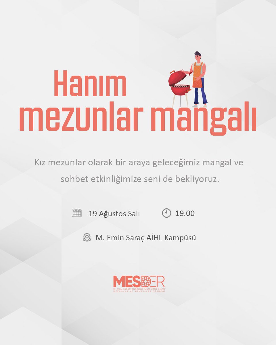 Kız mezunlar olarak bir araya geleceğimiz mangal ve sohbet etkinliğimize seni de bekliyoruz.

📅 19 Ağustos Salı
🕐 19.00
📍M. Emin Saraç AİHL Kampüsü