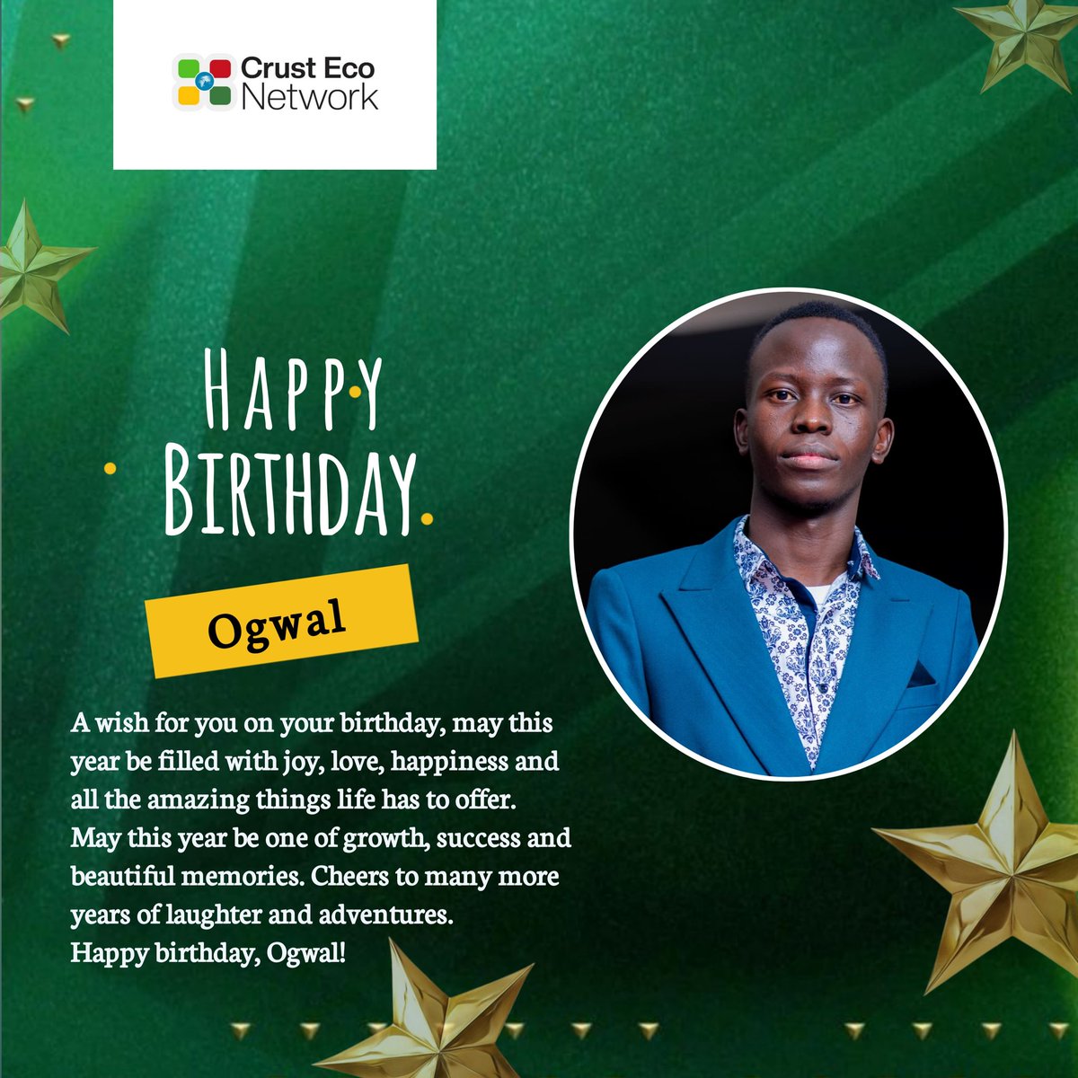 CrustEcoNetwork's tweet photo. 🎉 Happy Birthday to our very own @⁨~Jabez Ogwal⁩! 🎉

Today we celebrate not just another year of life, but also the amazing energy, kindness, and leadership you bring to the Crust EcoNetwork family. 💚🌍

As our Operations &amp; Strategy Director we are truly celebrate you🎊 https://t.co/6rAh9vQ49o