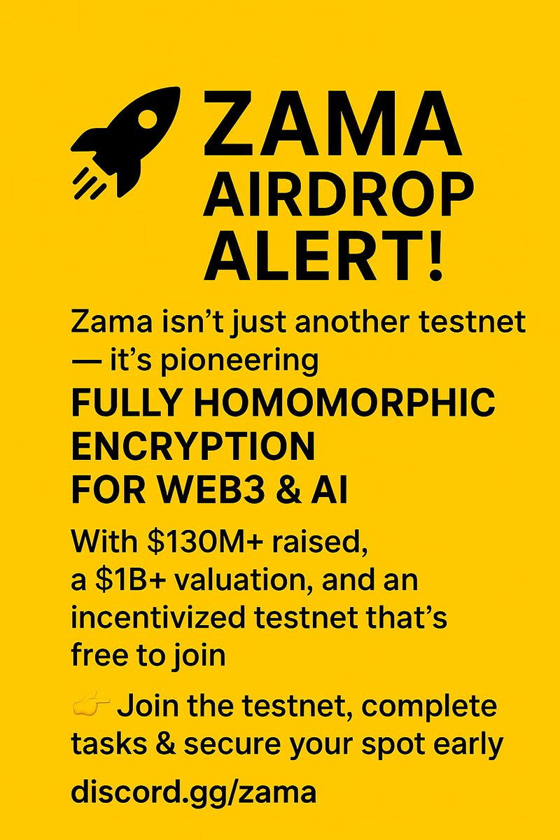 0xAshish29's tweet photo. 🧵 Detailed Guide on Zama Airdrop (UPDATE) 🚀

Add this to your top priorities 👇

@zama_fhe allows running private smart contracts on Solidity without disclosing data.

✅ $130M+ Raised
✅ Incentivized Testnet
✅ $0 COST

All possible $ZAMA Airdrop criteria ⏳

1. Why add Zama to your airdrop list?

Raised $130M+ from Multicoin, Protocol Labs, Pantera, etc.

Incentivized Testnet

No cost, 100% free to farm

Valued $1B+ (first FHE unicorn)

Launched fhEVM testnet for confidential smart contracts

5K+ devs already building with Zama’s FHE libs (Concrete, TFHE-rs)

End-to-end encryption for public blockchains (EVM + Solana soon)

Unlocking real-world use cases: private DeFi, identity, AI, governance

Active OSS ecosystem: FHE + AI + blockchain infra

First to push FHE into production-grade Web3 & AI apps

2. Interact with Testnets

Visit: https://t.co/FEPDMZaITA

Get some faucet

Click Transfer

Send token to any wallet address

3. Social Tasks

Complete all guild social tasks: https://t.co/Cw7virY0v0

4. Developer Program (anyone can do it)

Visit: https://t.co/nxUNRzwNDF

Deploy contract: https://t.co/6Vs8Wh7Jrn

Use this guide: https://t.co/M0TwdWKDrL

5. Creator Program (anyone can do it)

Visit: https://t.co/F176VsRcml

Complete all required tasks

6. Discord Role

Join: https://t.co/enzqF18QUS

Verify every role after completing tasks

💡 Zama isn’t just another testnet — it’s the first mover bringing Fully Homomorphic Encryption to Web3 & AI.

With $130M+ backing, a $1B+ valuation, and an incentivized testnet free to join, this could be one of the most asymmetric bets of 2025.

👉 Follow, interact, and stay early.
#Zama #Zamaairdrop #Airdrops #Altcoins #Airdrop #Crypto #Web3 #AI #FHE