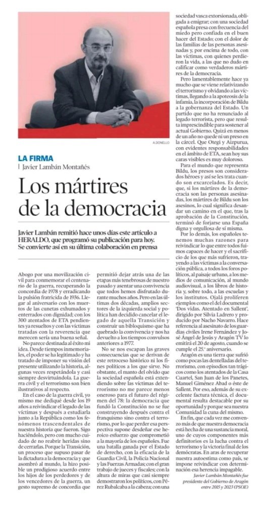 Artículo postumo de Lambán: "Los mártires de la democracia". Mucha ETA, loas a la sacrosanta transición y régimen del 78 y ni una palabra sobre estudiantes y obreros asesinados por la represión, extrema derecha y grupos parapoliciales. Este es su legado político.
